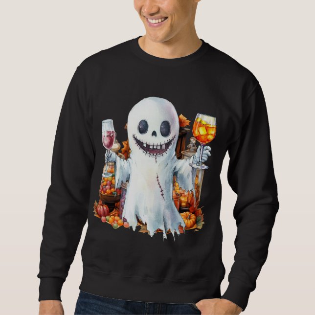 Halloween Party with Ghost drinks wine Sweatshirt (Front)