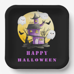 Halloween Party with Haunted House and Ghosts Paper Plate