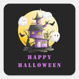 Halloween Party with Haunted House and Ghosts Square Sticker