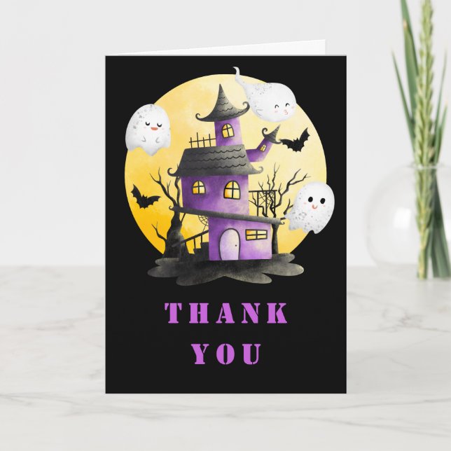 Halloween Party with Haunted House and Ghosts Thank You Card (Front)