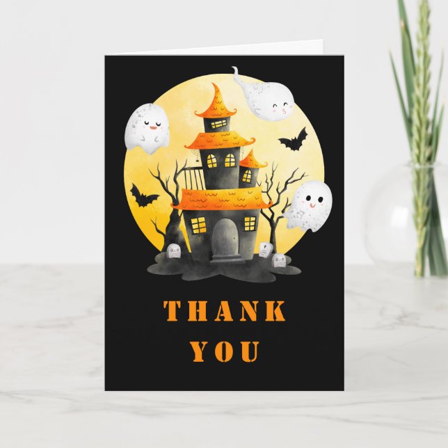 Halloween Party with Haunted House and Ghosts Thank You Card (Front)