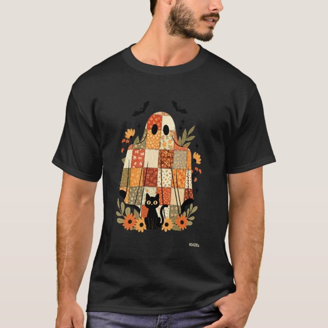 Halloween Patchwork Ghost Black Cat Fall Floral Cu T-Shirt (Front)