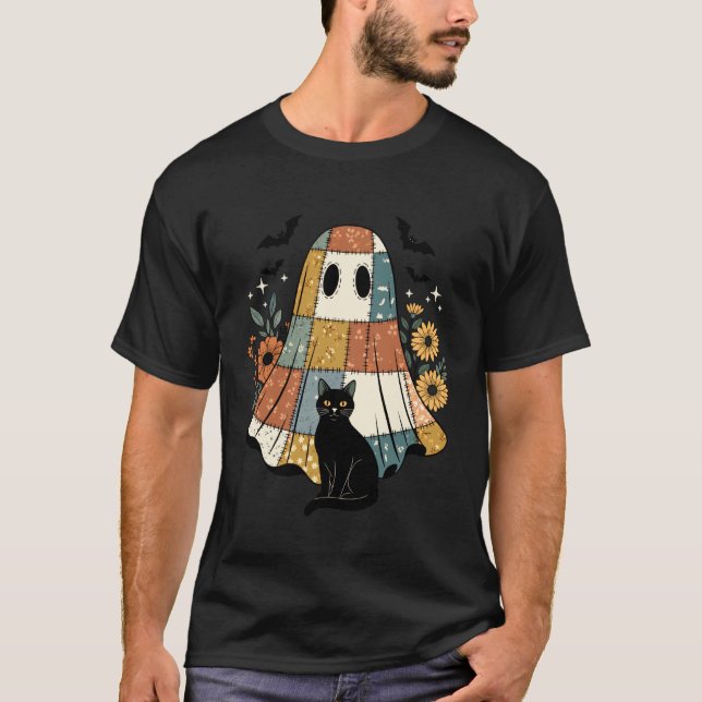 Halloween Patchwork Ghost Black Cat Floral Bats Cu T-Shirt (Front)