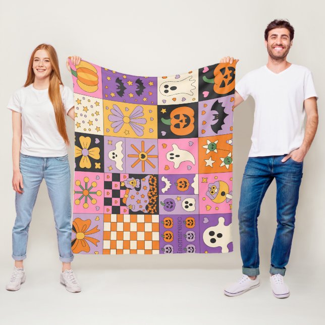  Halloween Patchwork Pattern – Festive Squares  Fleece Blanket (In Situ)