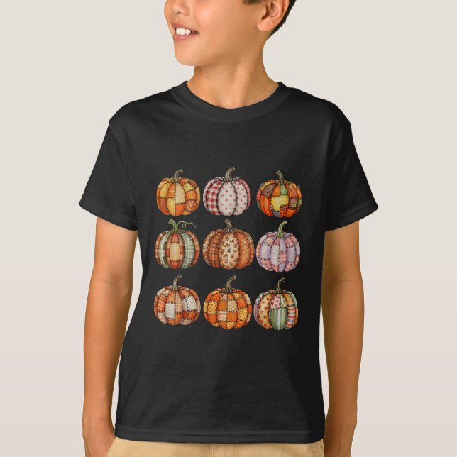 Halloween Patchwork Pumpkin Quilted Fall Aesthetic T-Shirt (Front)