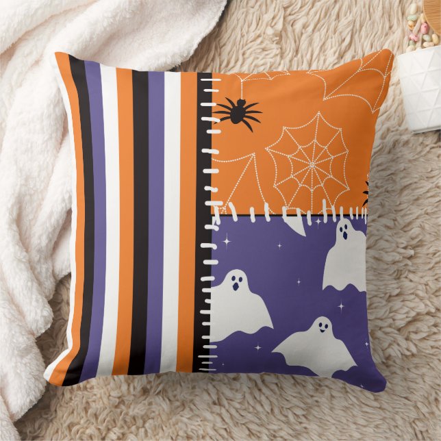 Halloween Patchwork Stripes Ghosts Cushion (Blanket)