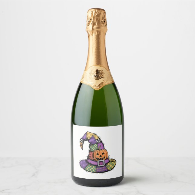 Halloween Patchwork Witch Hat Spooky Sparkling Wine Label (Front)