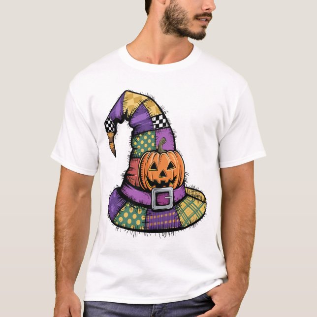 Halloween Patchwork Witch Hat Spooky T-Shirt (Front)