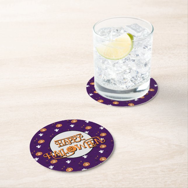 Halloween pattern and message round paper coaster (Insitu)