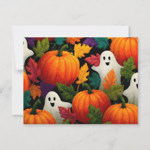 Halloween Pattern Background with Orange Pumpkins Postcard