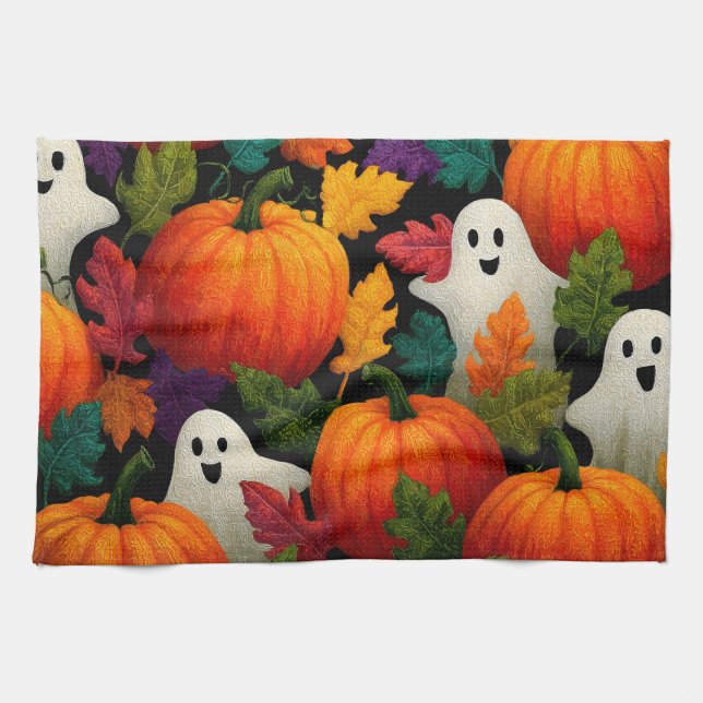 Halloween Pattern Background with Orange Pumpkins Tea Towel (Horizontal)