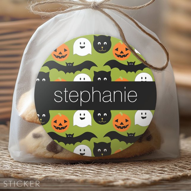 Halloween Pattern - Cute Bat Cat Pumpkin Ghost Classic Round Sticker (Custom Sticker for Party Favors and Envelopes)