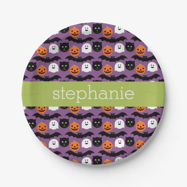 Halloween Pattern - Cute Bat Cat Pumpkin Ghost Paper Plate (Front)