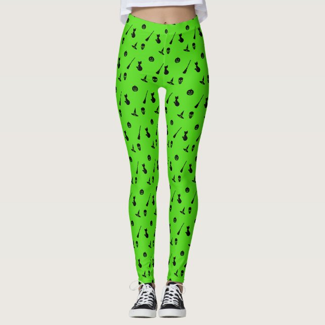 Halloween Pattern Leggings with Blackon Green (Front)