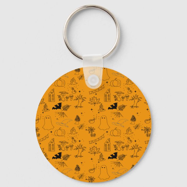 Halloween pattern of ghosts, houses, spiders key ring (Front)