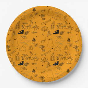 Halloween pattern of ghosts, houses, spiders  squa paper plate