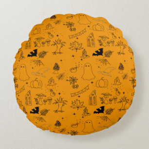 Halloween pattern of ghosts, houses, spiders throw round cushion