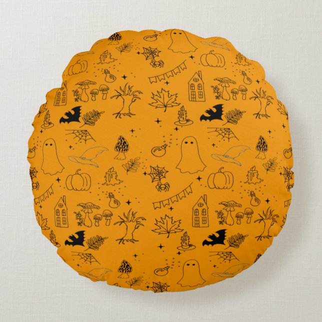 Halloween pattern of ghosts, houses, spiders throw round cushion (Front)