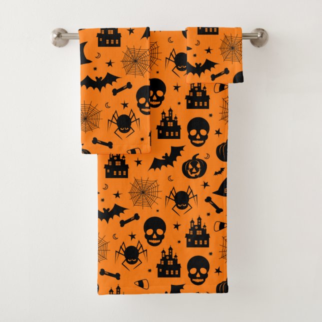 Halloween Pattern Orange and Black Bath Towel Set (Insitu)