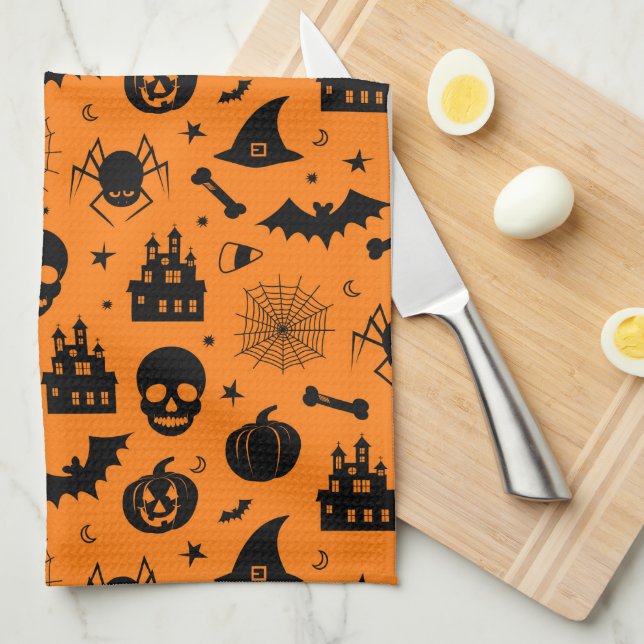 Halloween Pattern Orange and Black Tea Towel (Quarter Fold)