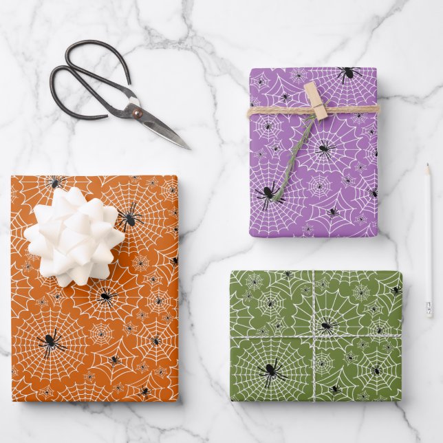 Halloween Pattern | Spiders on Spiderwebs 3 Colour Wrapping Paper Sheet (Front)