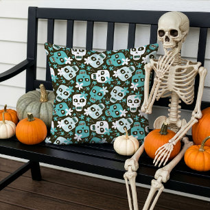 Halloween Pattern Turquoise Skulls Flowers Cushion