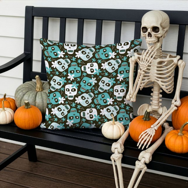 Halloween Pattern Turquoise Skulls Flowers Cushion (Creator Uploaded)