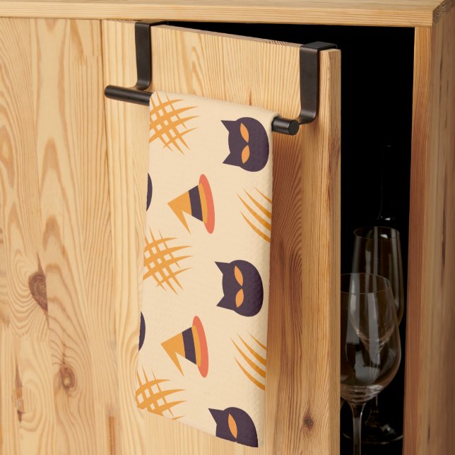 Halloween Pattern With Cats and Beige Pattern Tea Towel (Thirds Fold)