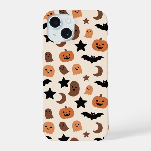 Halloween Pattern with Cute Ghosts and Pumpkins iPhone 15 Case (Back)