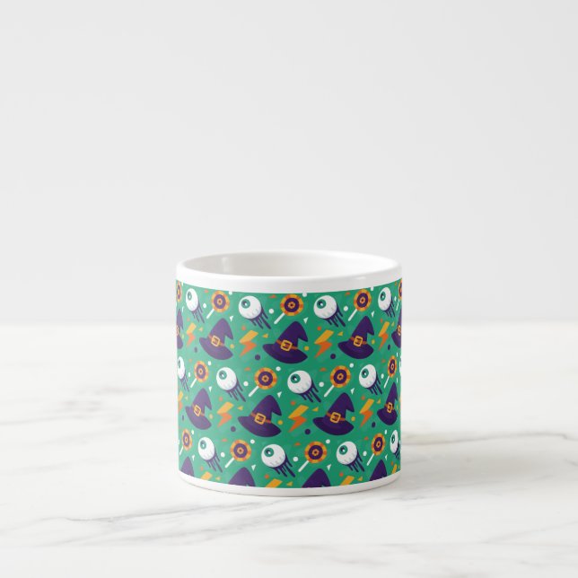 Halloween Pattern With Eyes and Green Pattern Espresso Cup (Front)