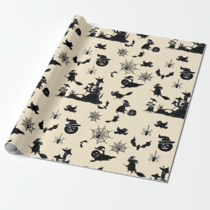 Halloween pattern with pumpkins bats witches wrapping paper
