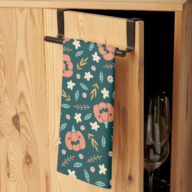 Halloween Pattern With Watercolor and Turquoise Tea Towel (Thirds Fold)