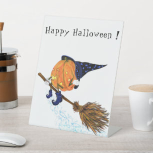 Halloween Pedestal Sign Witch Pumpkin Flying Broom
