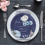 Halloween Peek a boo baby shower tableware Paper Plate<br><div class="desc">Little boo Halloween peek a boo baby shower tableware personalised paper plates . A cute baby pumpkin ghost watercolor  candy candles on a dark starry night background for Halloween themed baby shower.</div>