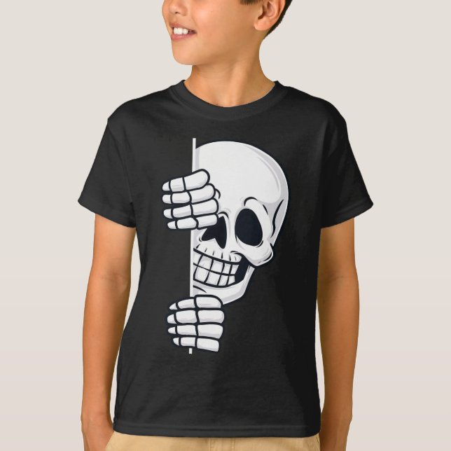 Halloween Peeking Skeleton Scary Boys Girls Kids  T-Shirt (Front)
