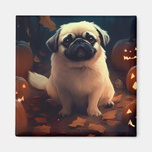 Halloween Pekingese With Pumpkins Scary Magnet