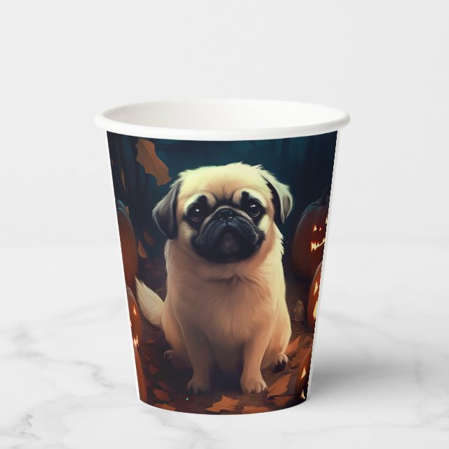 Halloween Pekingese With Pumpkins Scary Paper Cups (Front)