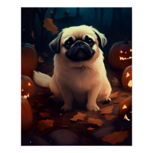 Halloween Pekingese With Pumpkins Scary Poster