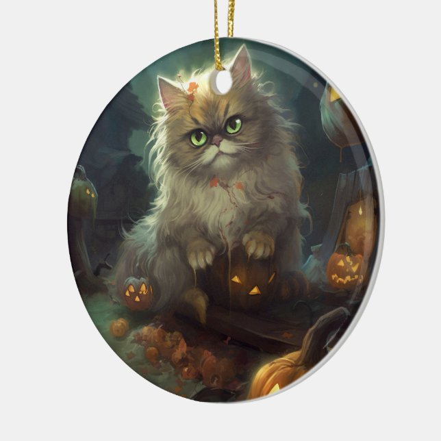 Halloween Persian Cat With Pumpkins Scary Ceramic Tree Decoration (Left)