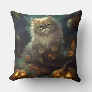 Halloween Persian Cat With Pumpkins Scary Cushion