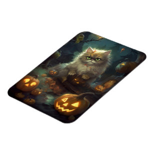Halloween Persian Cat With Pumpkins Scary Magnet