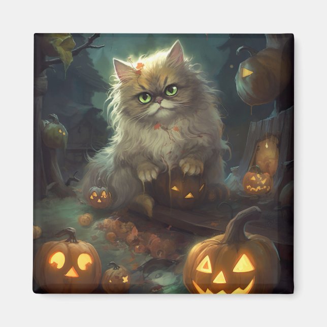 Halloween Persian Cat With Pumpkins Scary Magnet (Front)