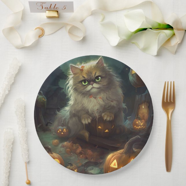 Halloween Persian Cat With Pumpkins Scary Paper Plate (Wedding)