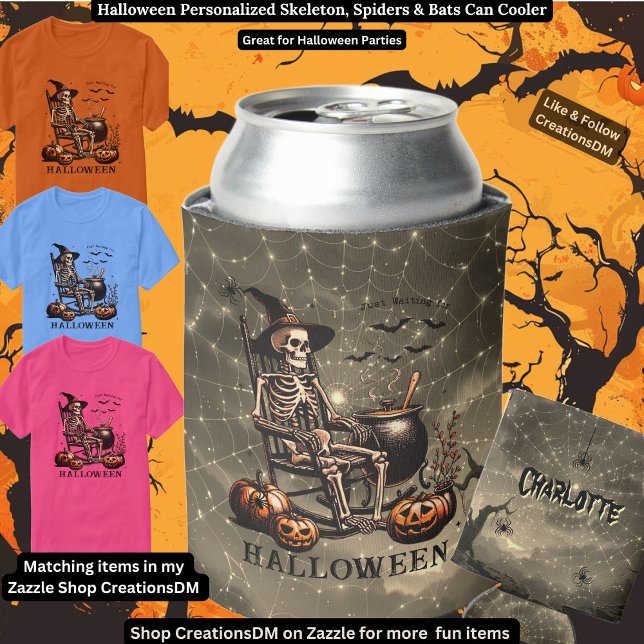 Halloween Personalised Skeleton, Spiders & Bats Can Cooler (Creator Uploaded)