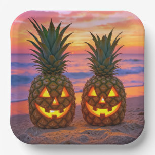 Halloween Pineapple Jack-o-lanterns On a Beach Paper Plate