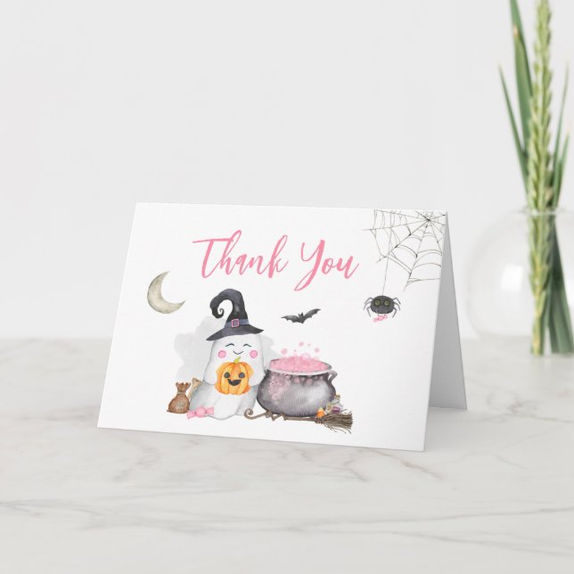 Halloween Pink Baby is Brewing Baby Shower Thank You Card (Front)