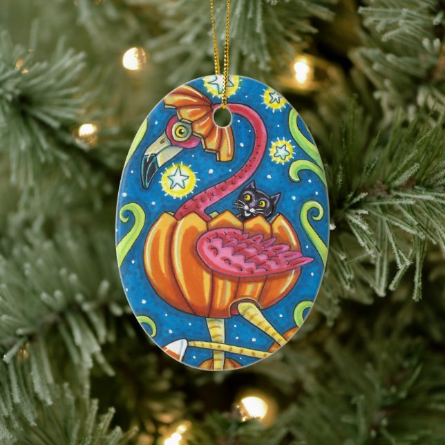 HALLOWEEN PINK FLAMINGO & BLACK CAT IN PUMPKIN CERAMIC TREE DECORATION (Tree)