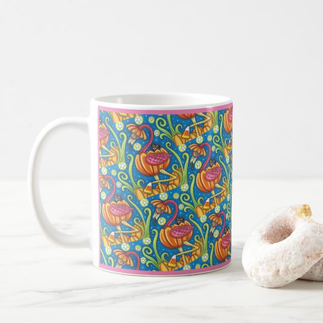 HALLOWEEN PINK FLAMINGO & BLACK CAT IN PUMPKIN COFFEE MUG (With Donut)