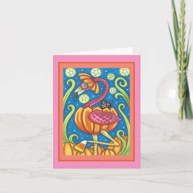 HALLOWEEN PINK FLAMINGO & BLACK CAT IN PUMPKIN HOLIDAY CARD (Front)