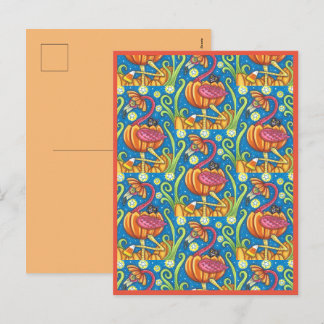 HALLOWEEN PINK FLAMINGO & BLACK CAT IN PUMPKIN HOLIDAY POSTCARD